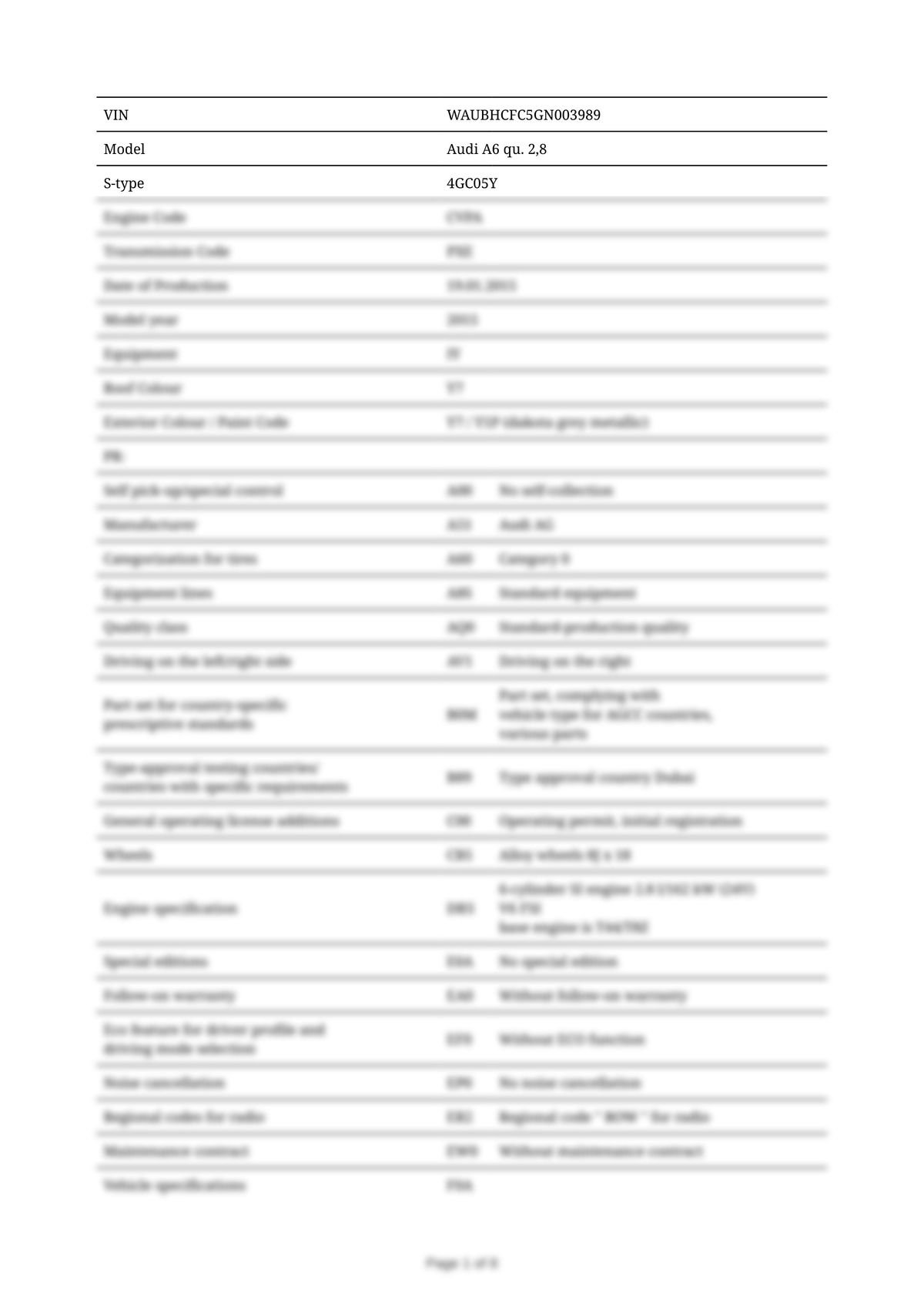 Build Sheet VIN WAUBHCFC5GN003989
