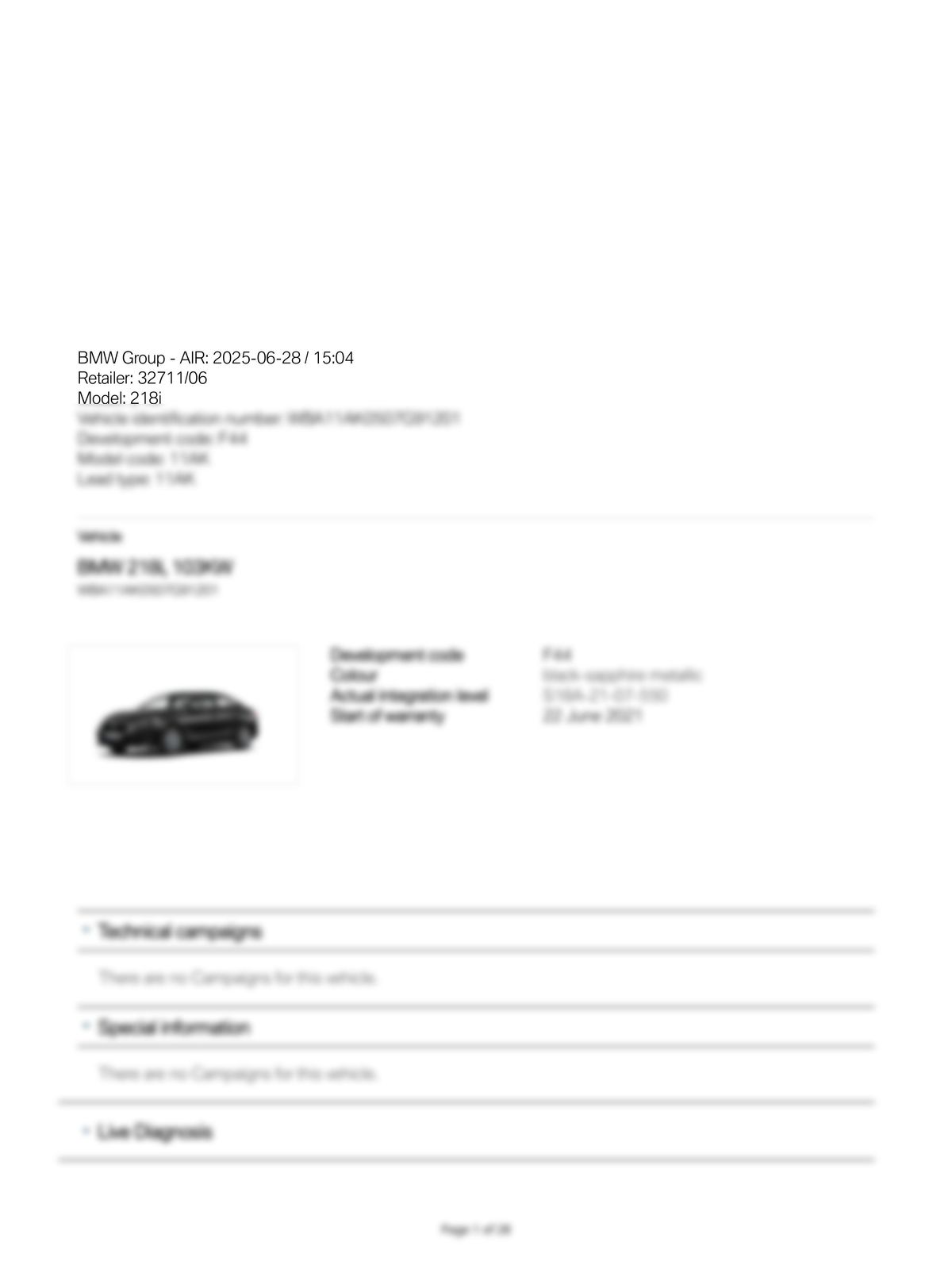 Service History Report VIN WBA11AK0507G91201