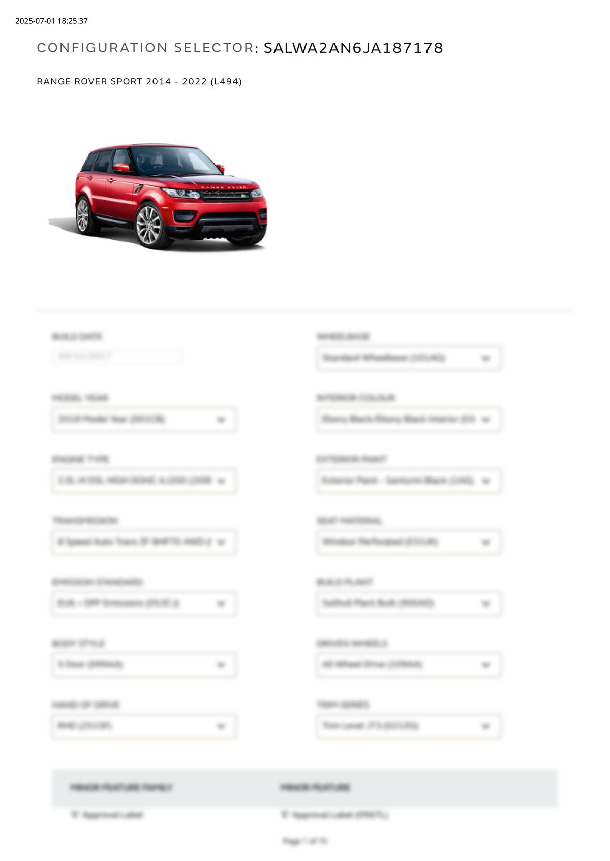 Build Sheet VIN SALWA2AN6JA187178