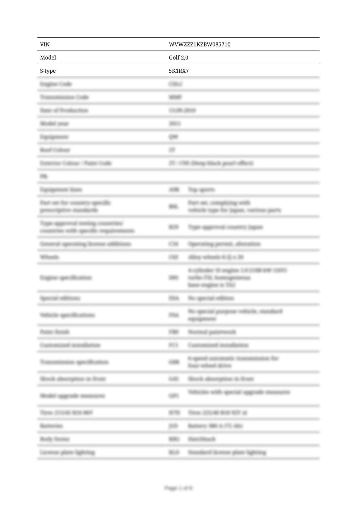 Build Sheet VIN WVWZZZ1KZBW085710