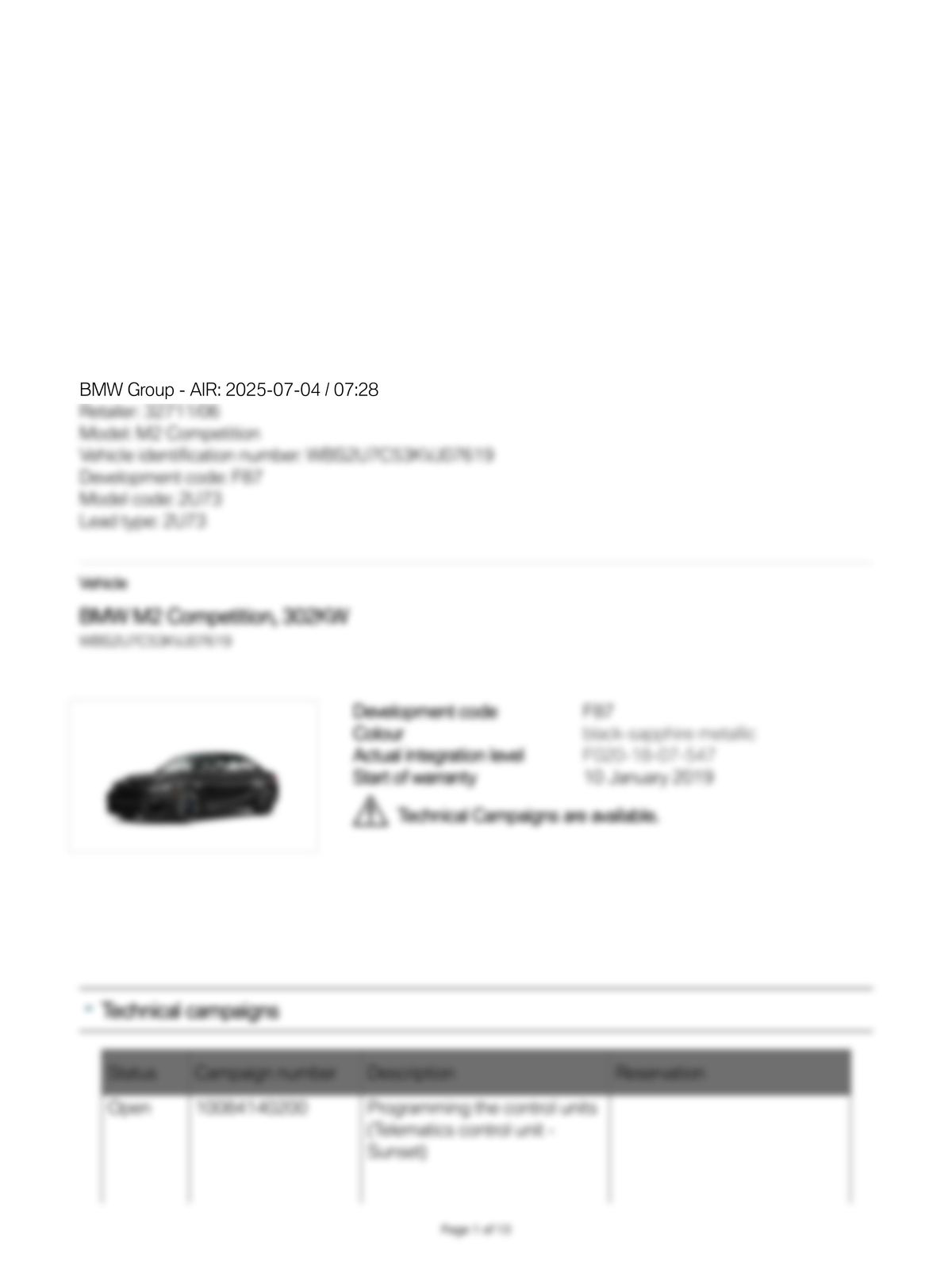Service History Report VIN WBS2U7C53KVJ07619