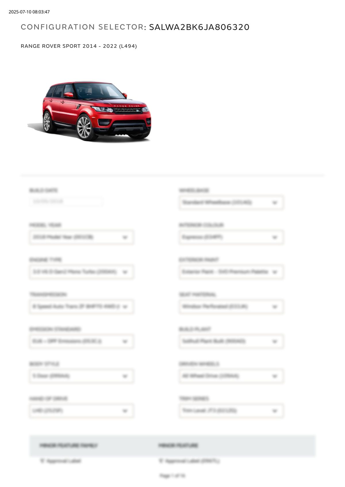 Build Sheet VIN SALWA2BK6JA806320