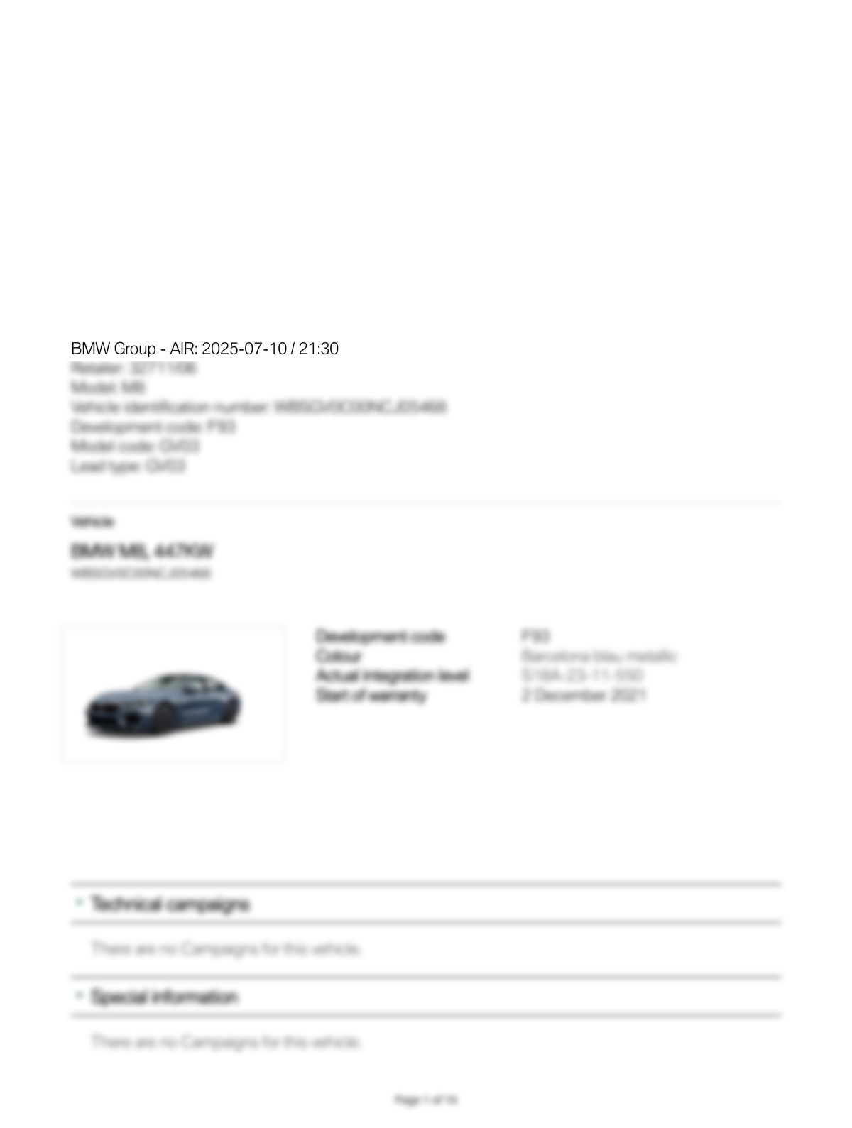 Service History Report VIN WBSGV0C00NCJ05468