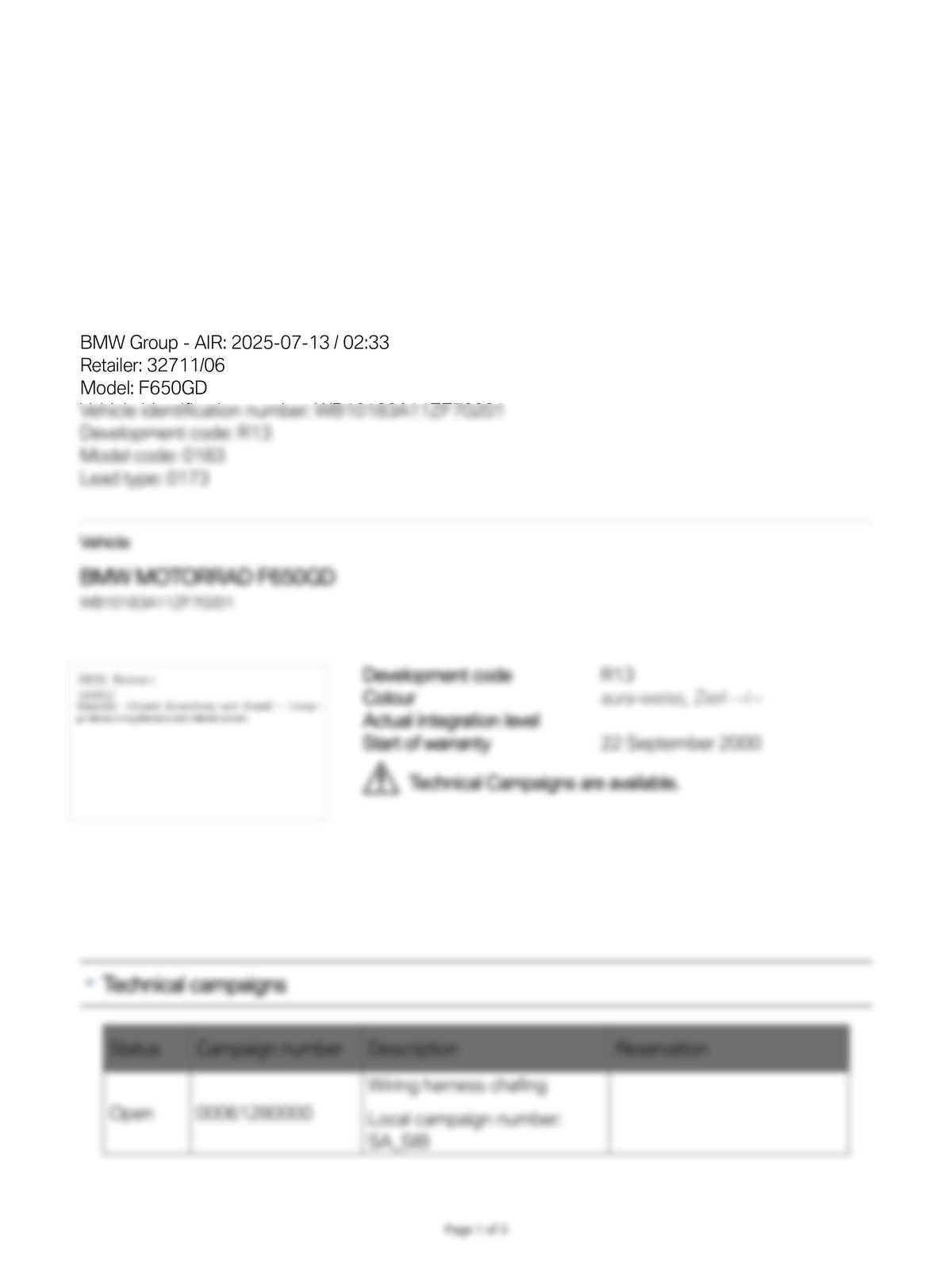 Service History Report VIN WB10183A11ZF70201