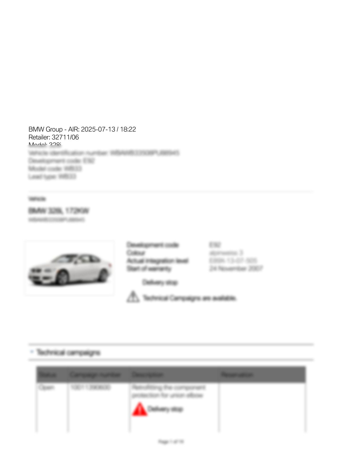 Service History Report VIN WBAWB33508PU88945