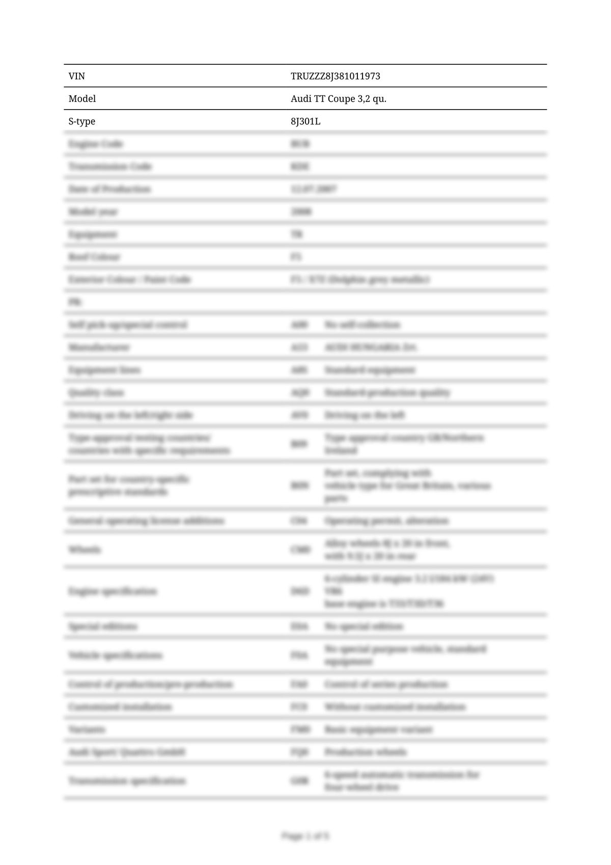 Build Sheet VIN TRUZZZ8J381011973