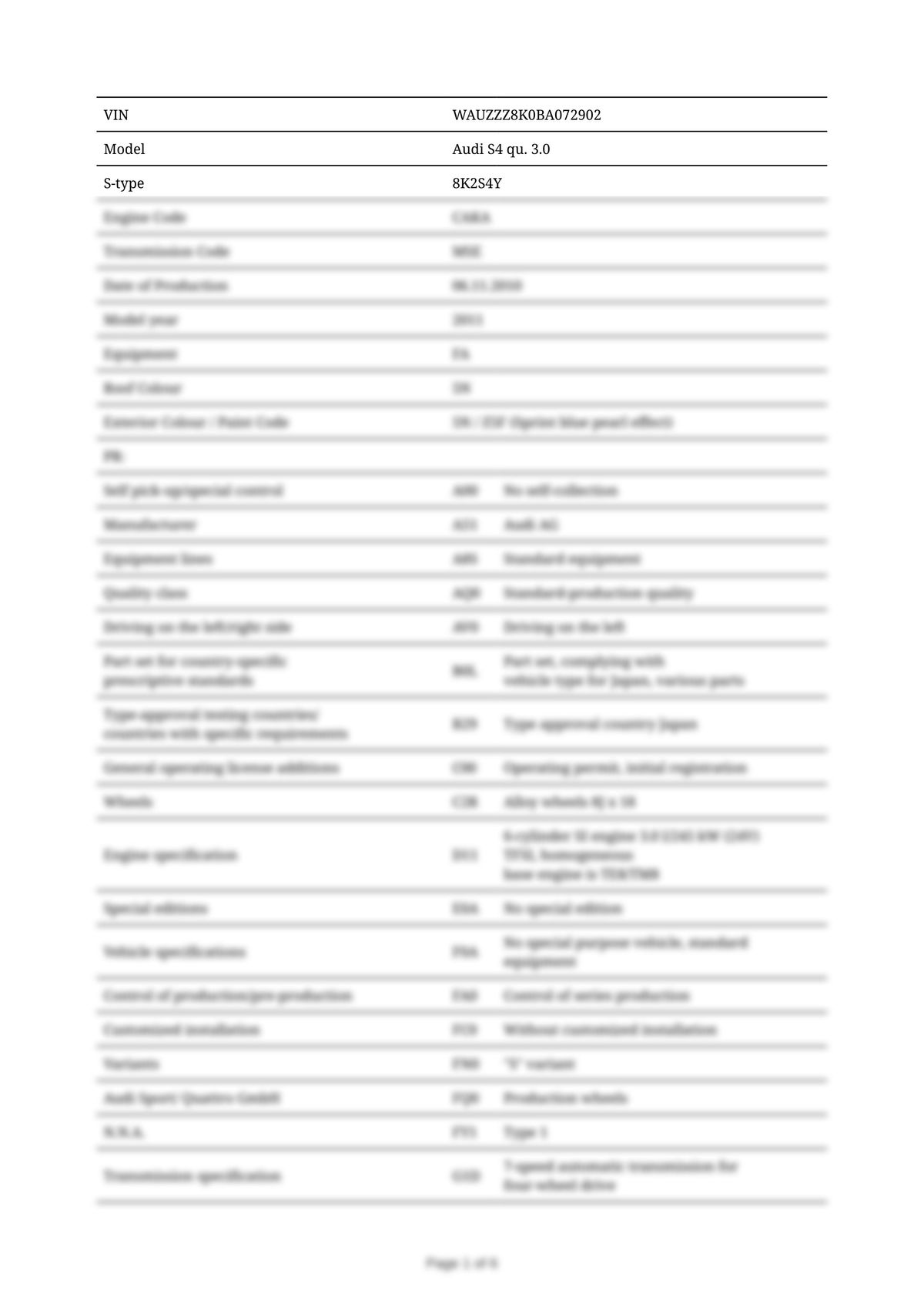 Build Sheet VIN WAUZZZ8K0BA072902