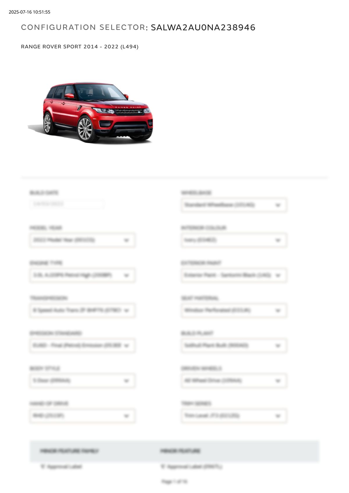 Build Sheet VIN SALWA2AU0NA238946