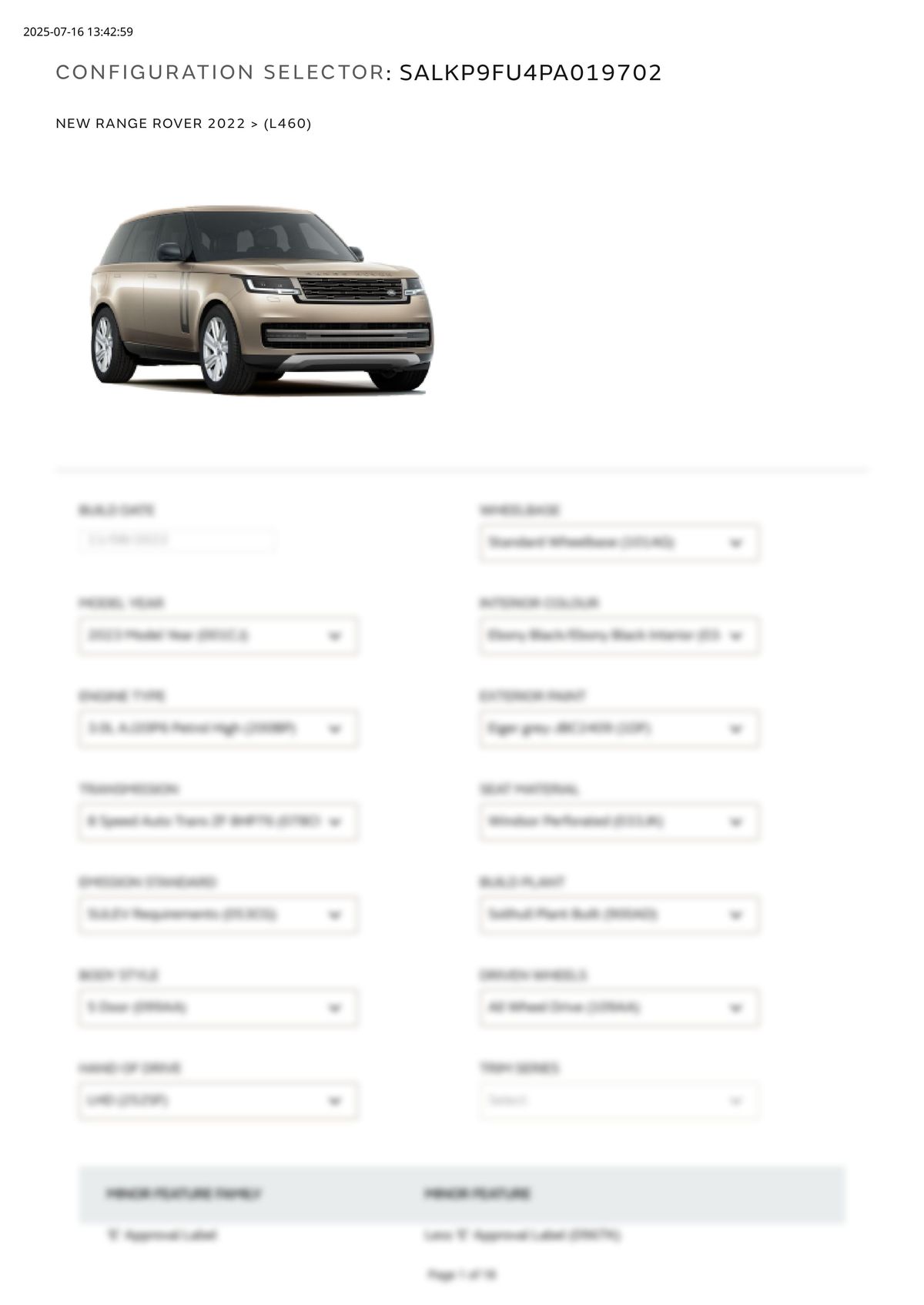 Build Sheet VIN SALKP9FU4PA019702
