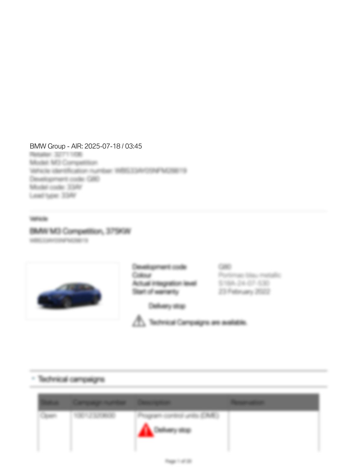 Service History Report VIN WBS33AY05NFM28819