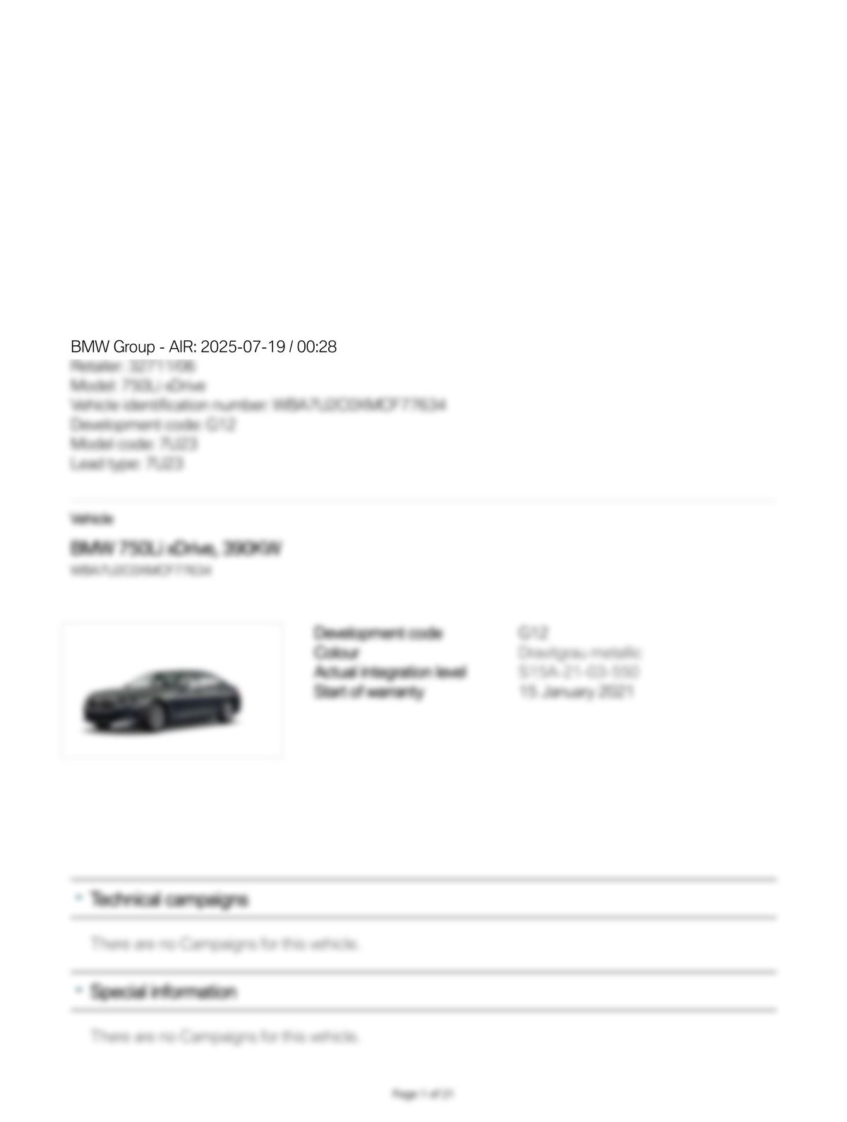 Service History Report VIN WBA7U2C0XMCF77634