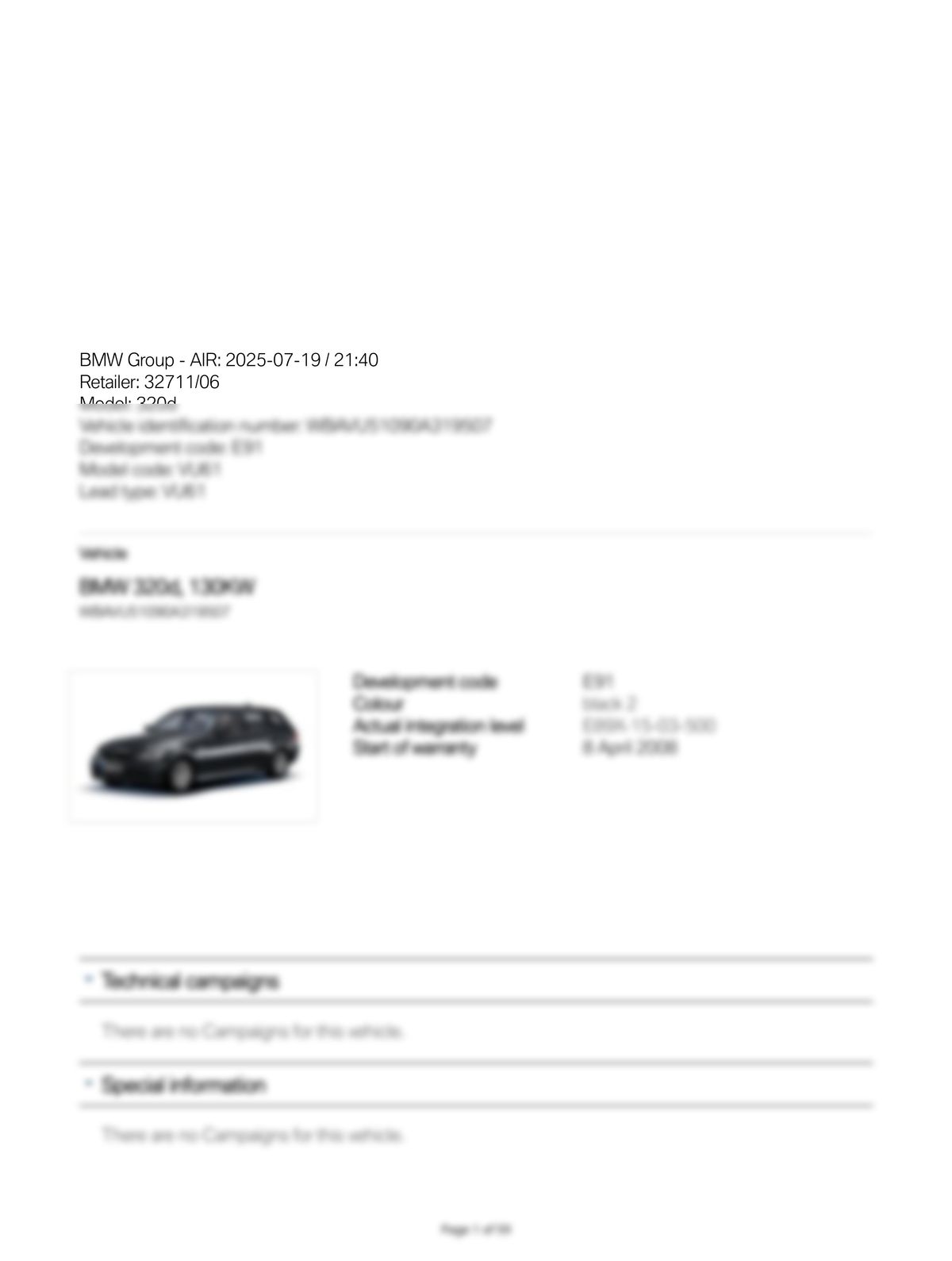 Service History Report VIN WBAVU51090A319507
