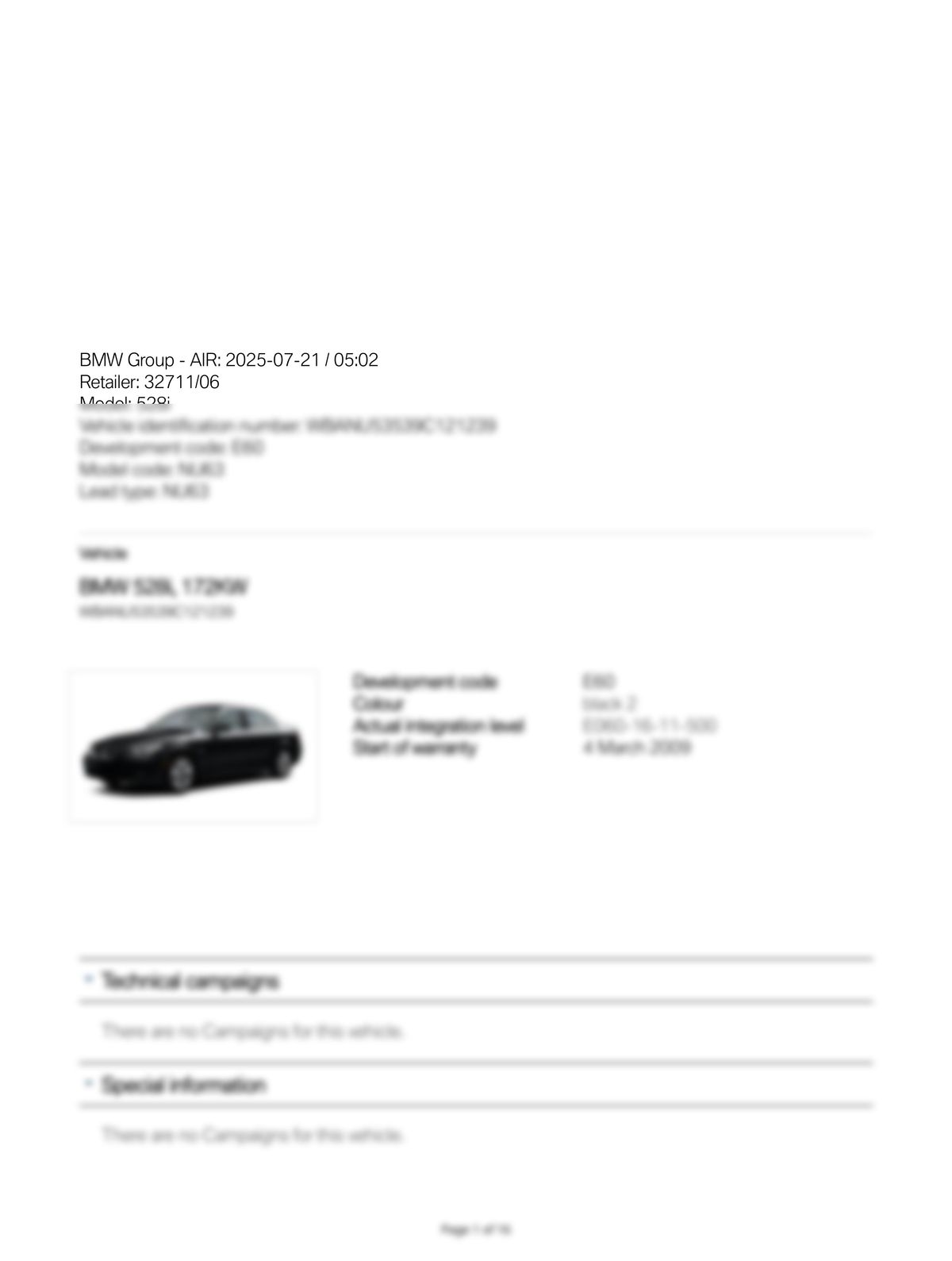 Service History Report VIN WBANU53539C121239