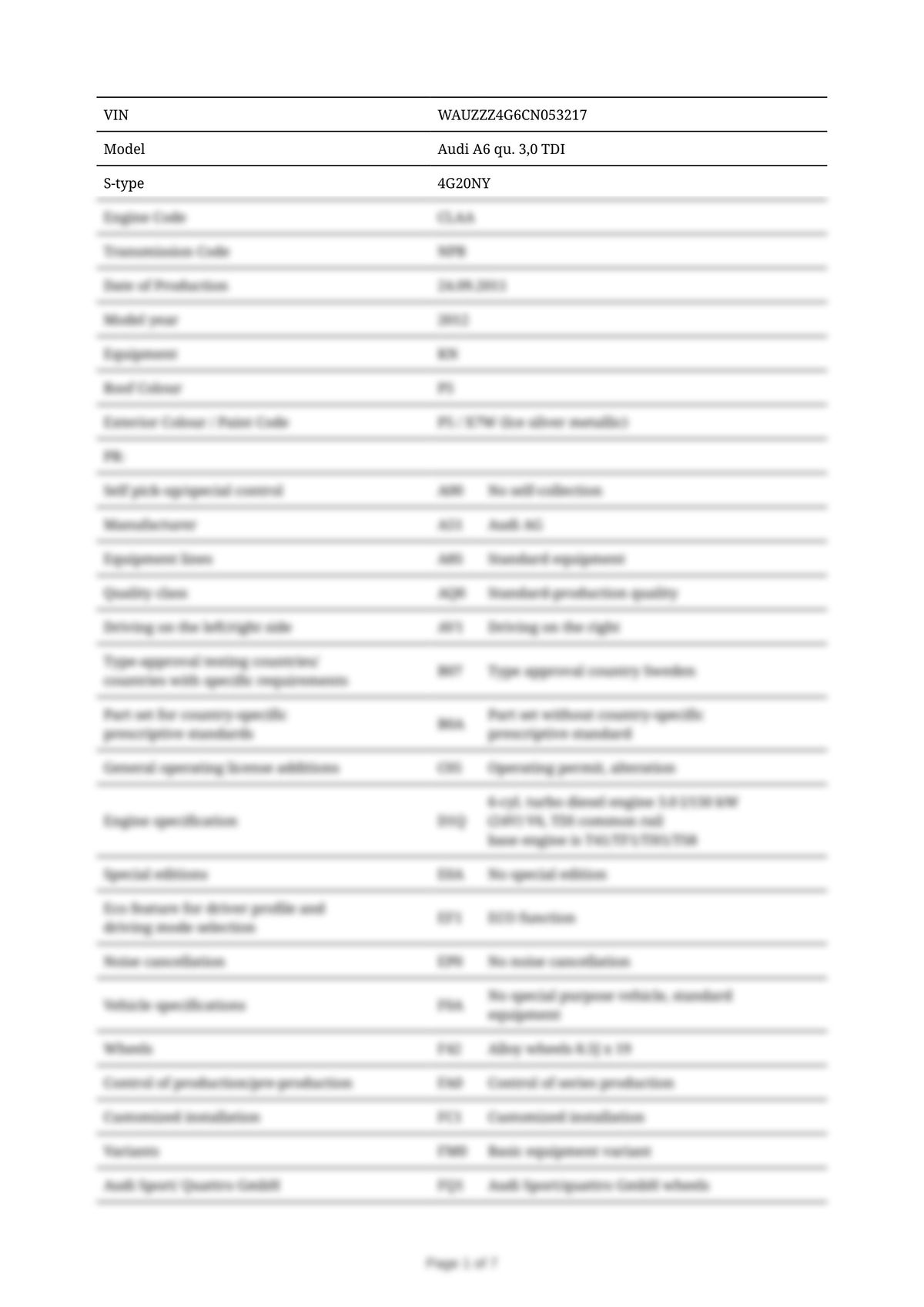 Build Sheet VIN WAUZZZ4G6CN053217