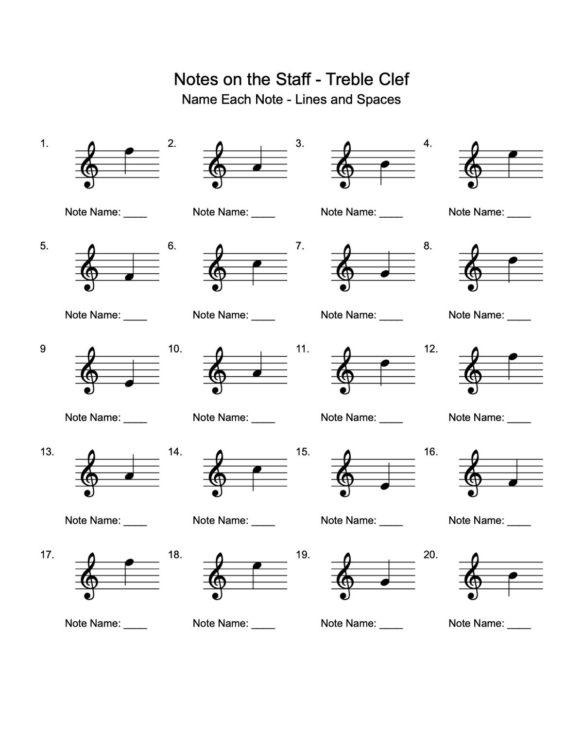 Treble Clef Note Naming Worksheet
