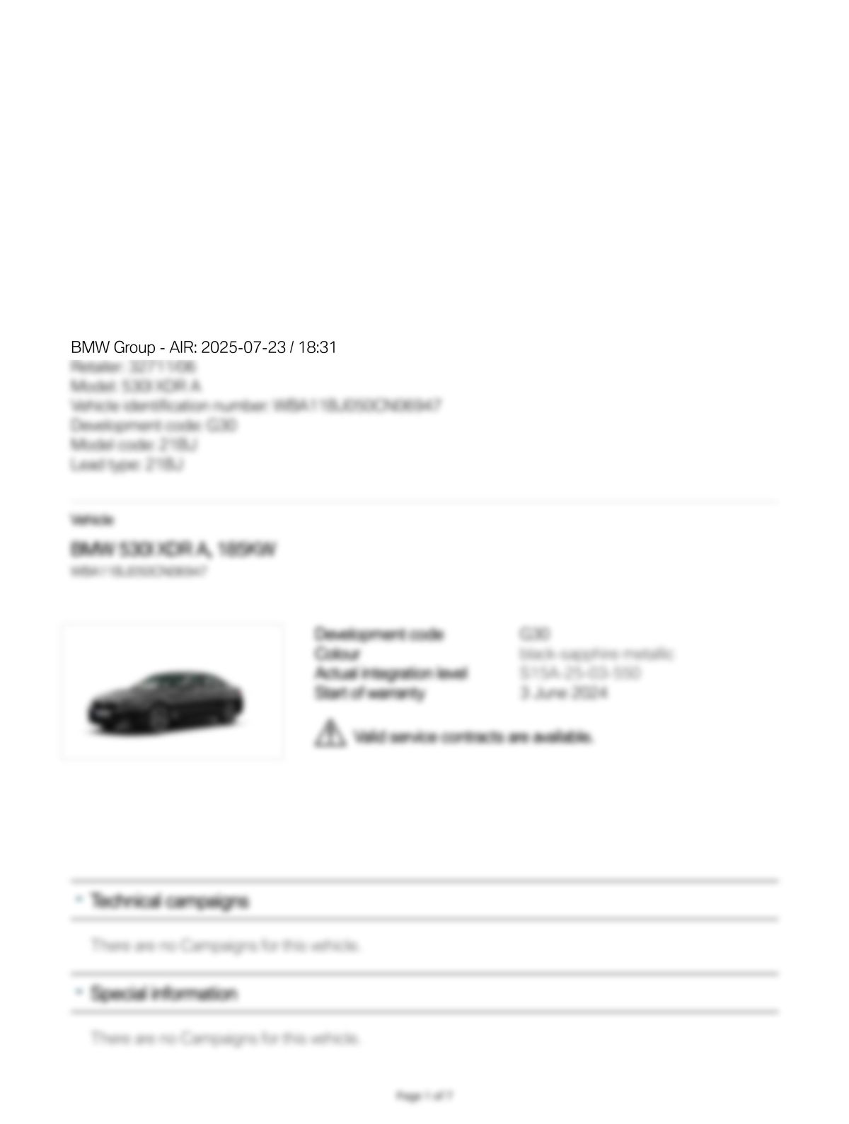 Service History Report VIN WBA11BJ050CN06947
