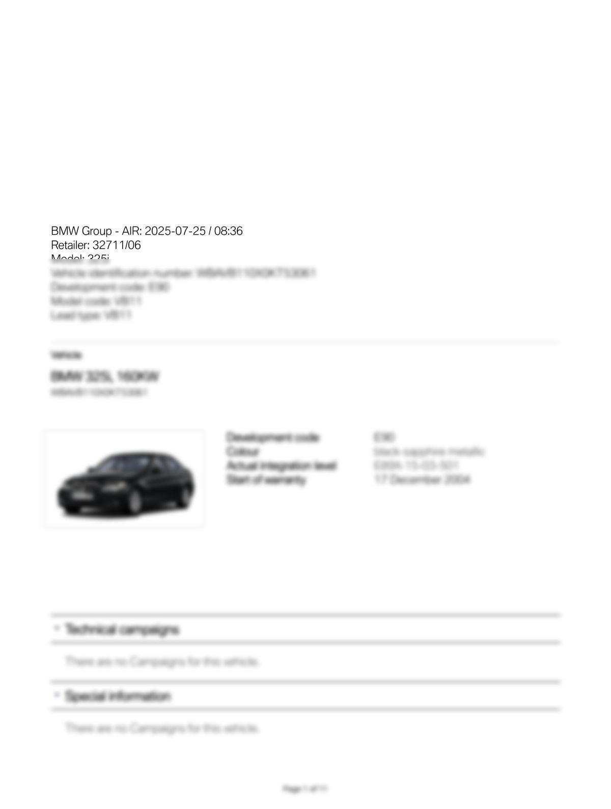 Service History Report VIN WBAVB110X0KT53061