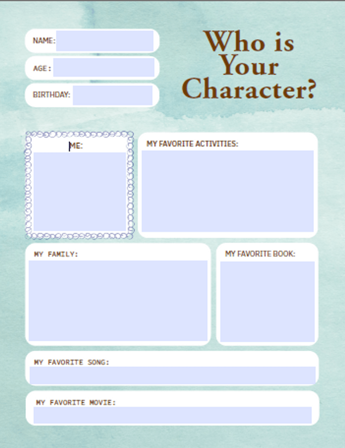 Condensed Character Development Worksheet