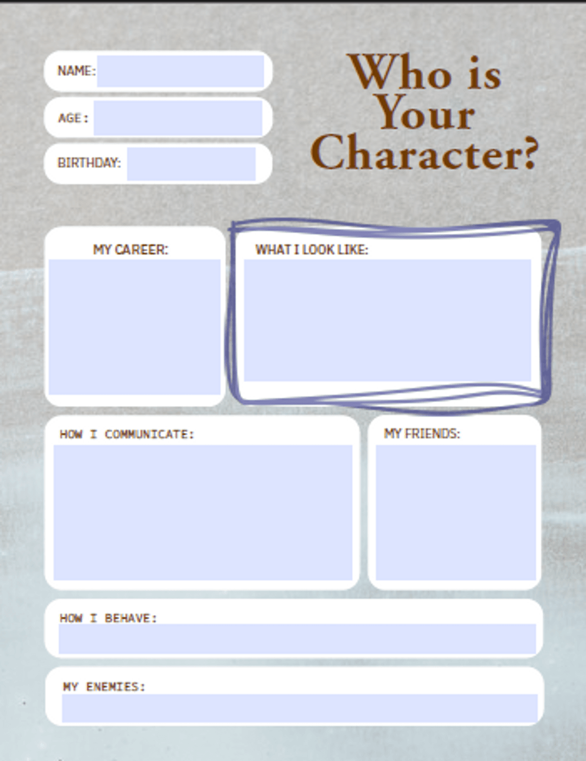 Condensed Character Development Worksheet