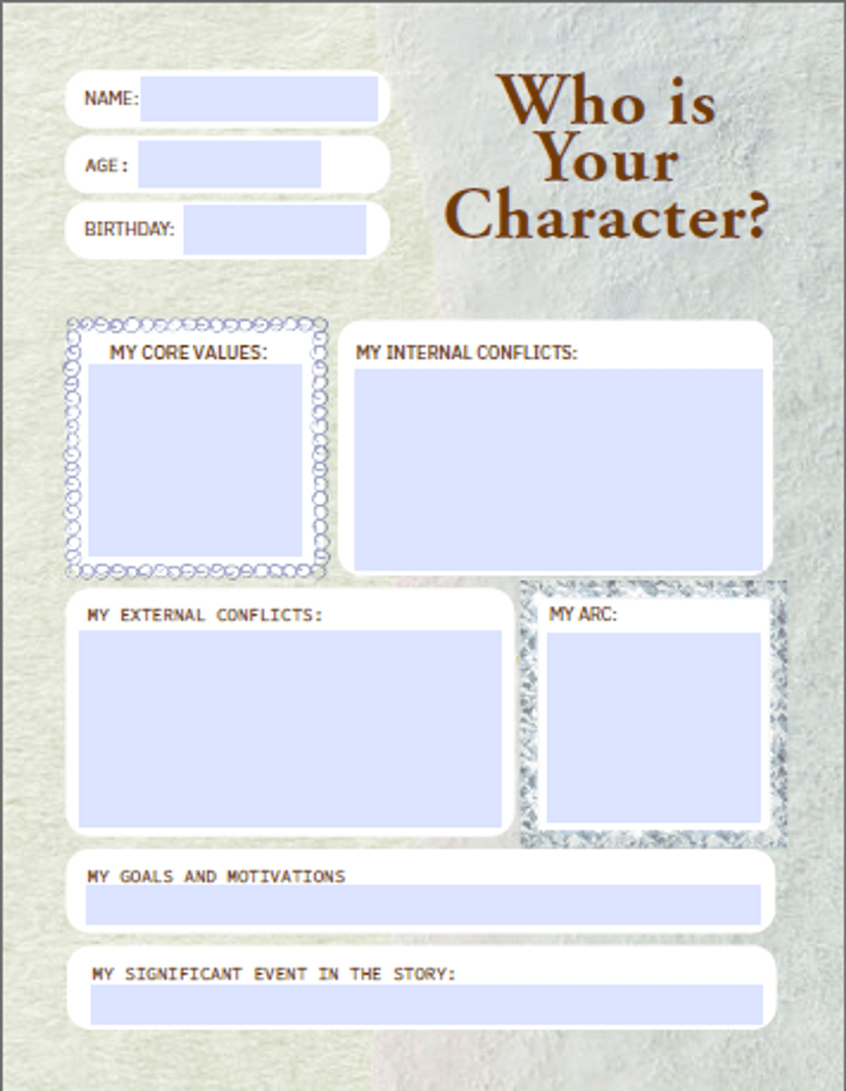 Condensed Character Development Worksheet