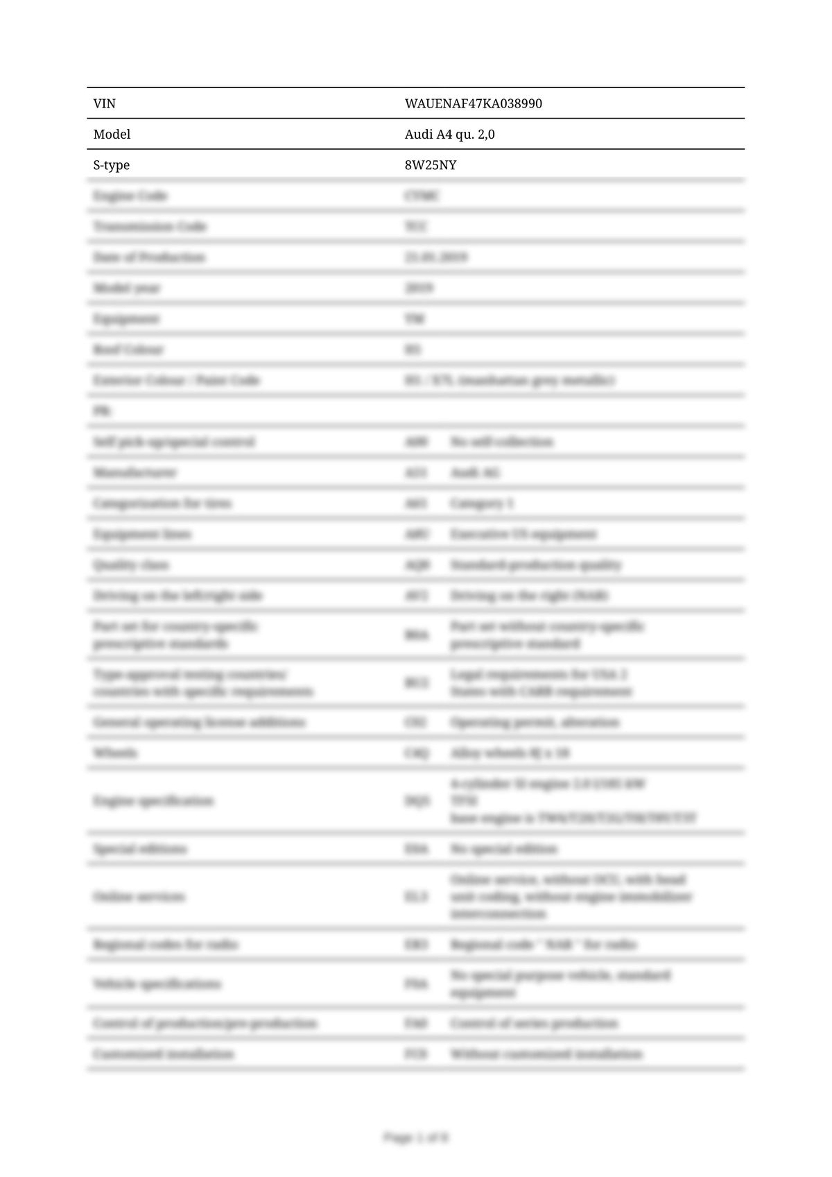 Build Sheet VIN WAUENAF47KA038990
