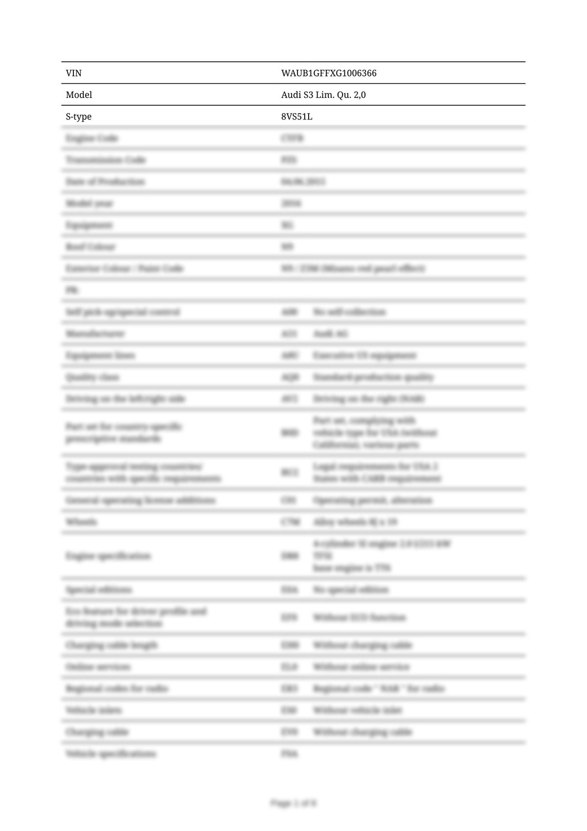 Build Sheet VIN WAUB1GFFXG1006366