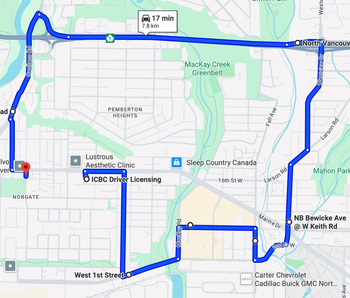 ICBC North Vancouver road test Google Maps navigation route 5