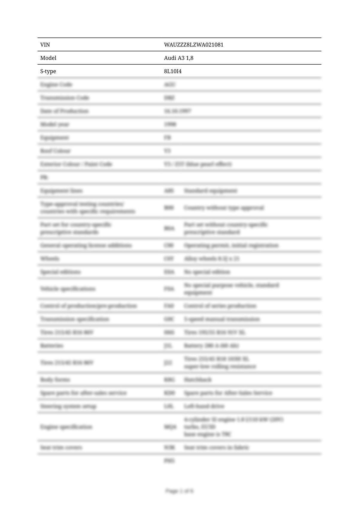 Build Sheet VIN WAUZZZ8LZWA021081