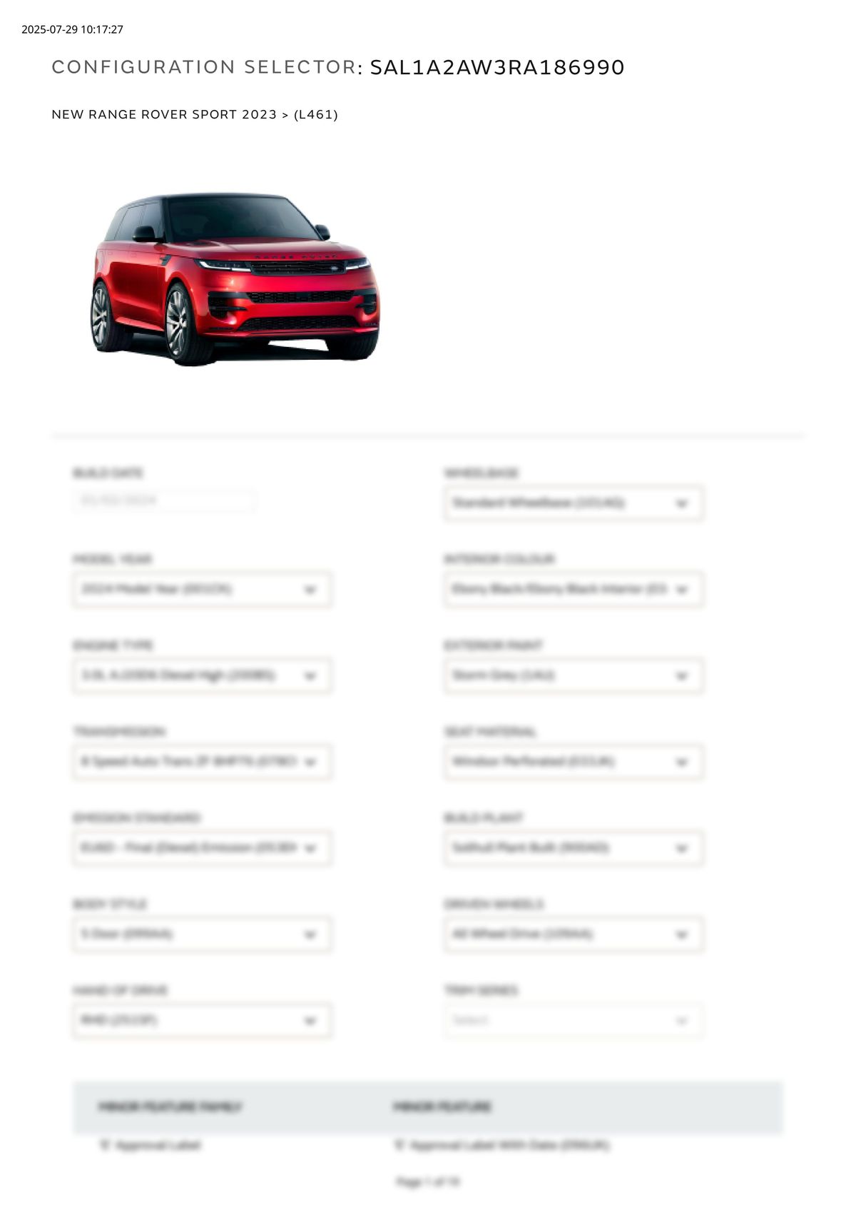 Build Sheet VIN SAL1A2AW3RA186990