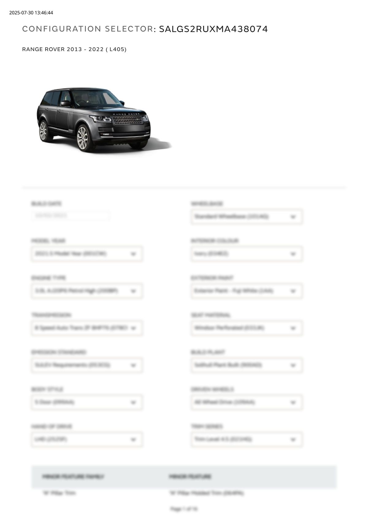 Build Sheet VIN SALGS2RUXMA438074