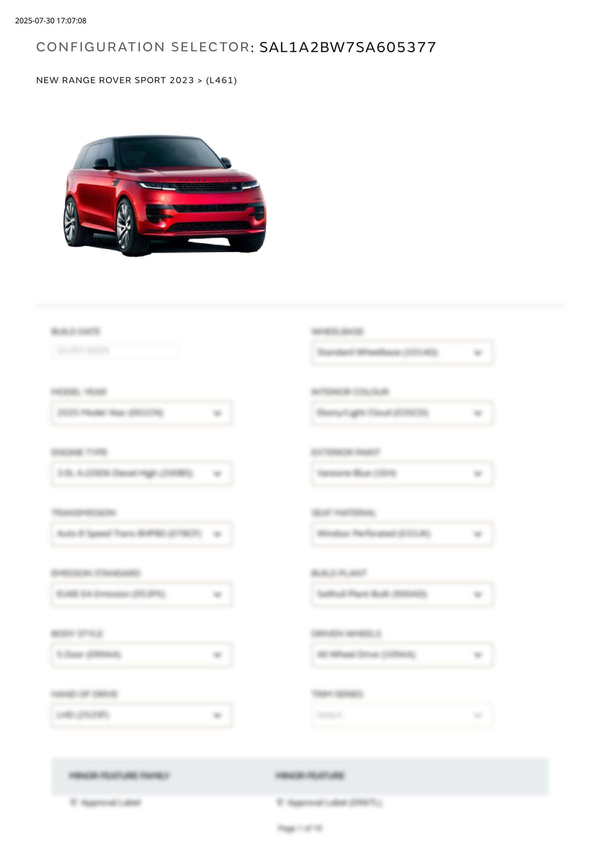 Build Sheet VIN SAL1A2BW7SA605377