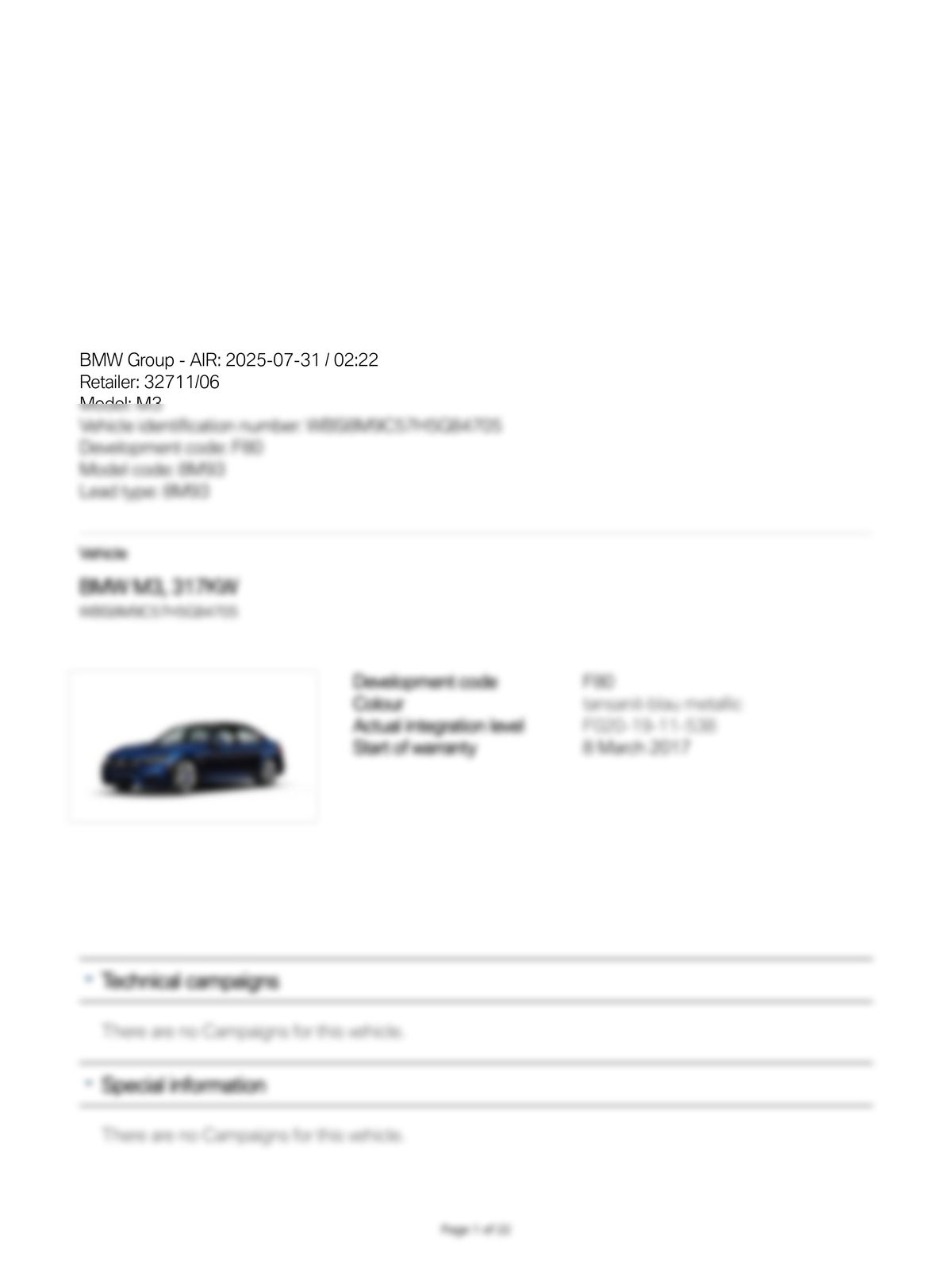 Service History Report VIN WBS8M9C57H5G84705