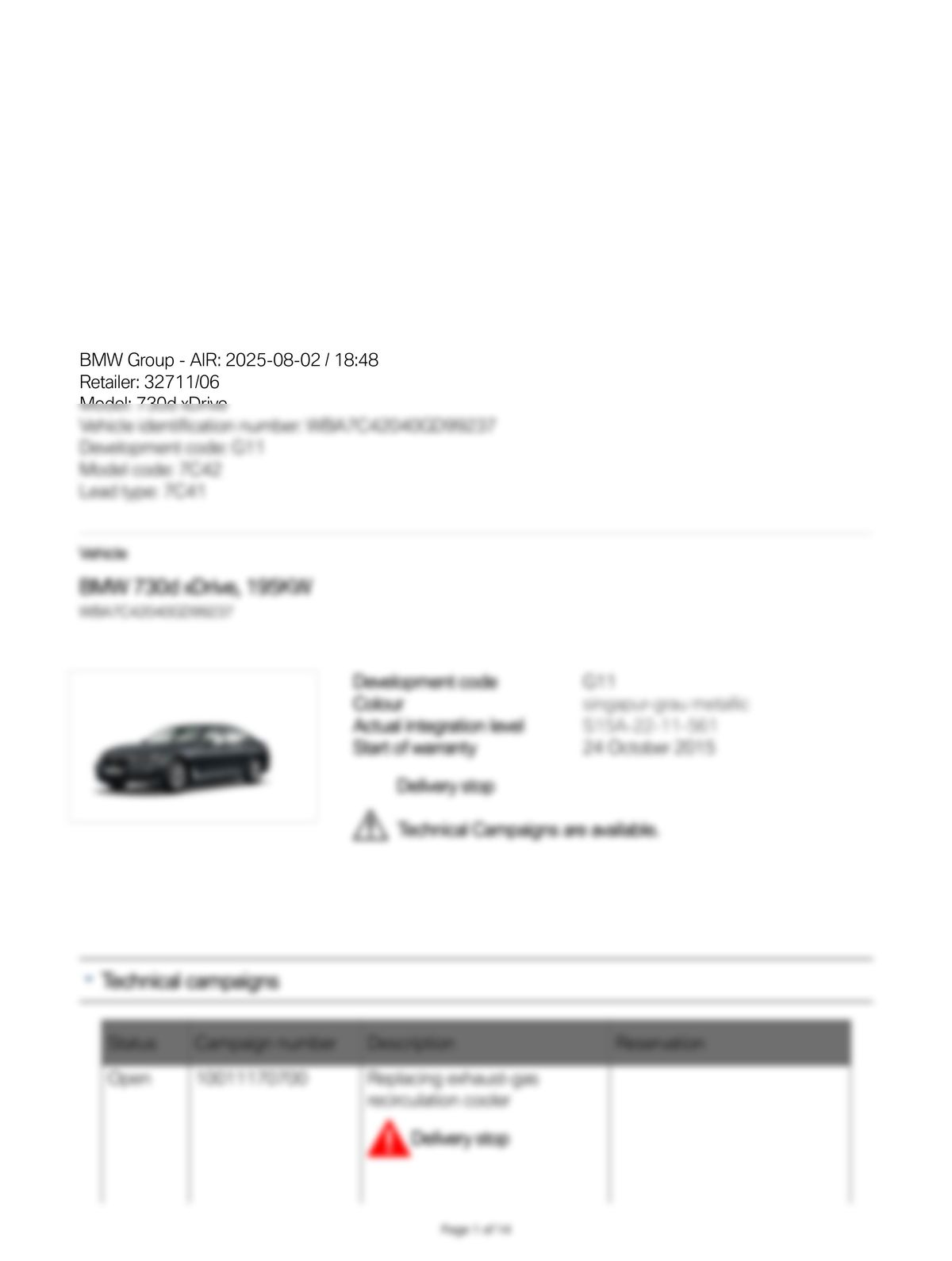 Service History Report VIN WBA7C42040GD99237