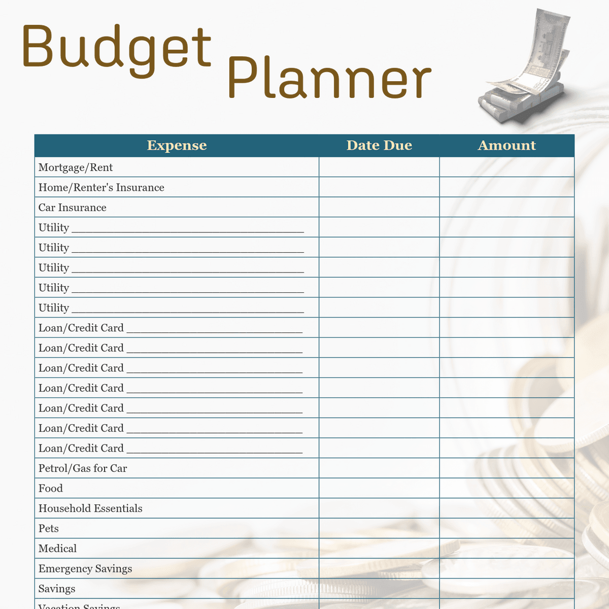 Fillable Budget Planner
