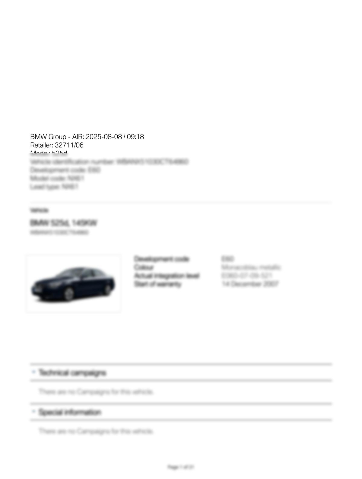 Service History Report VIN WBANX51030CT64860
