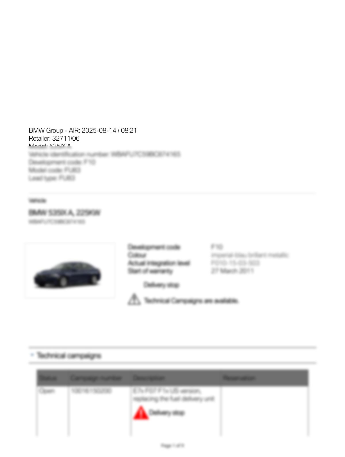 Service History Report VIN WBAFU7C59BC874165