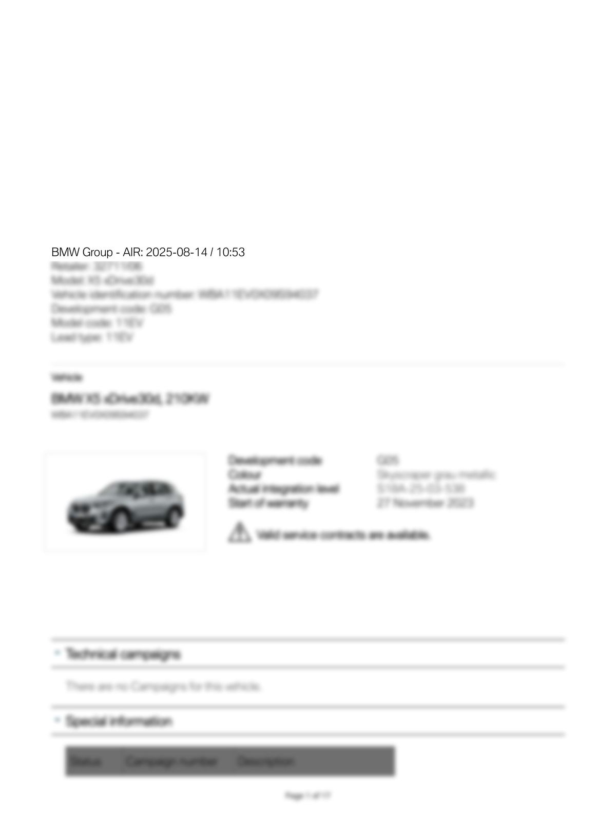 Service History Report VIN WBA11EV0X09S94037