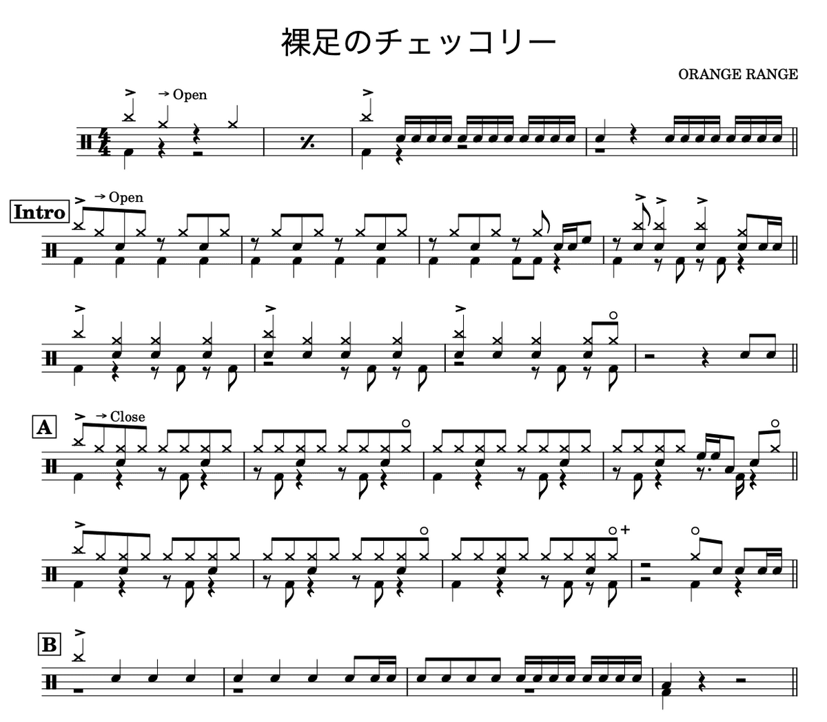裸足のチェッコリー - ORANGE RANGE | Drum Sheet Music (PDF)