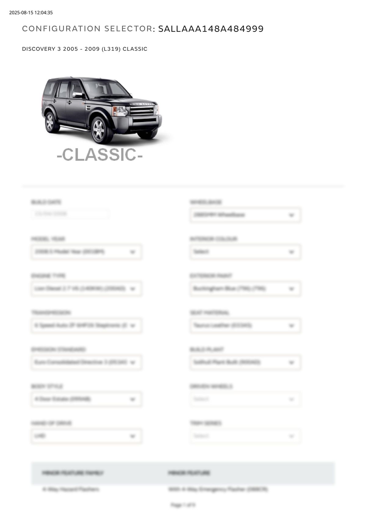 Build Sheet VIN SALLAAA148A484999