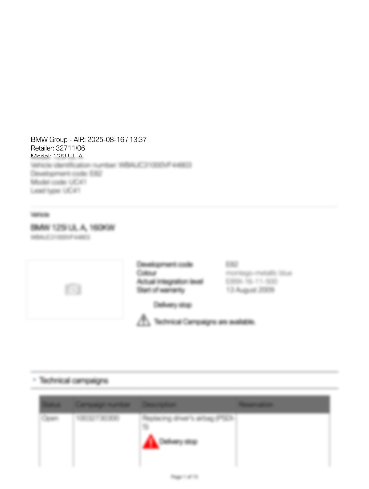 Service History Report VIN WBAUC31000VF44803