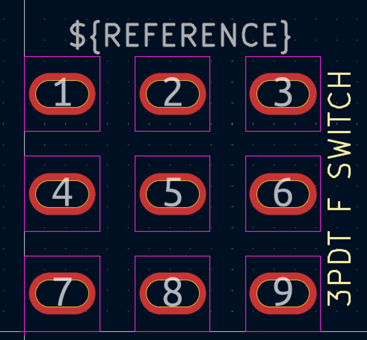 KiCad footprint for a standard 3PDT footswitch