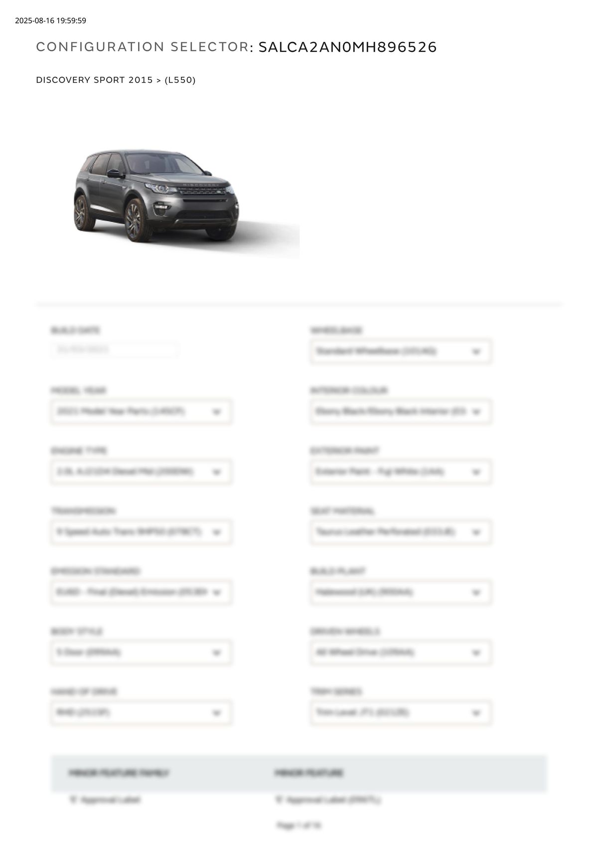 Build Sheet VIN SALCA2AN0MH896526