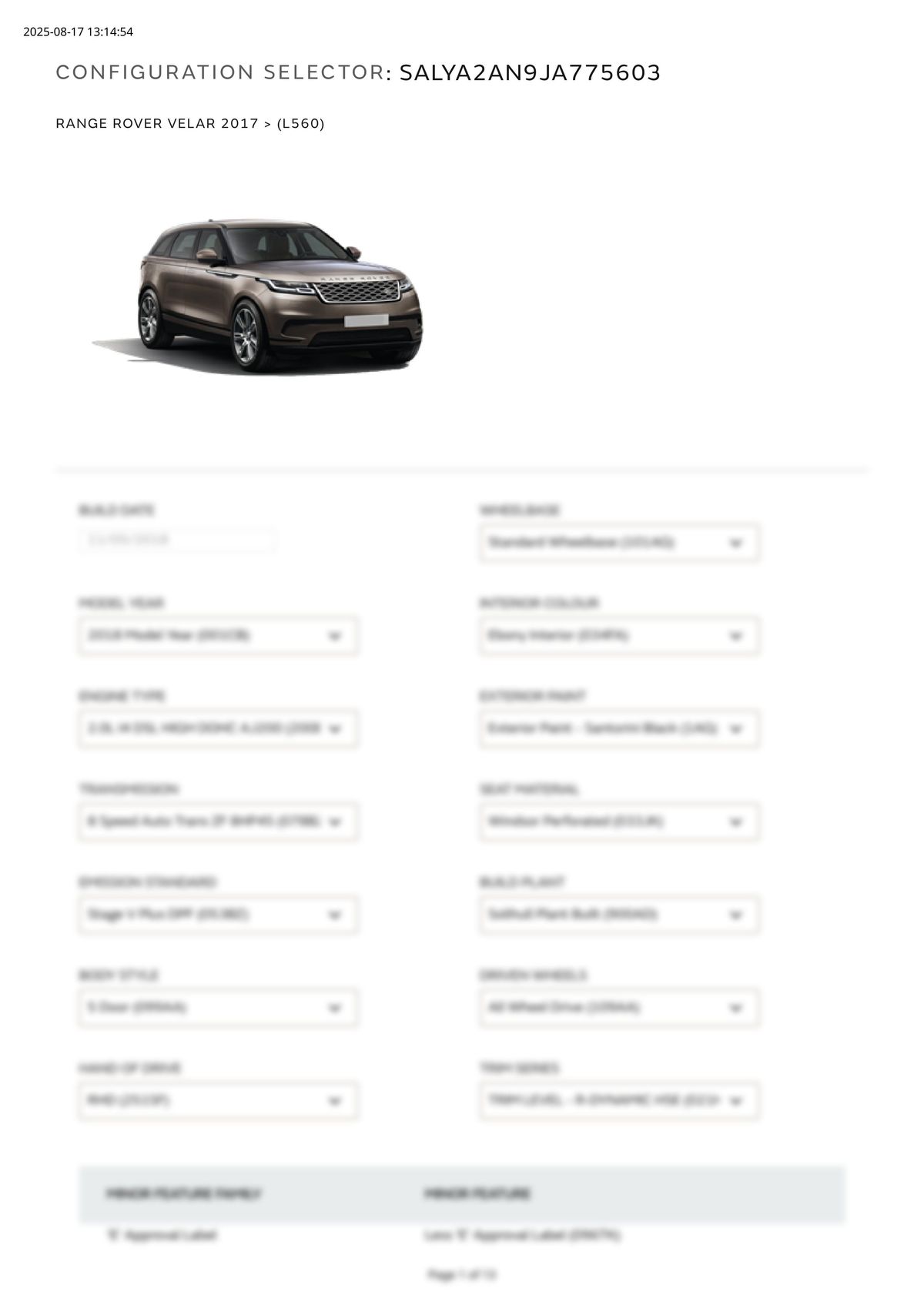 Build Sheet VIN SALYA2AN9JA775603