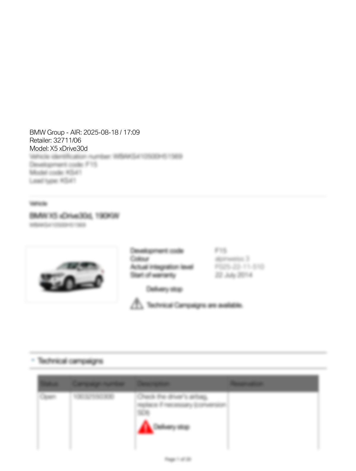 Service History Report VIN WBAKS410500H51569