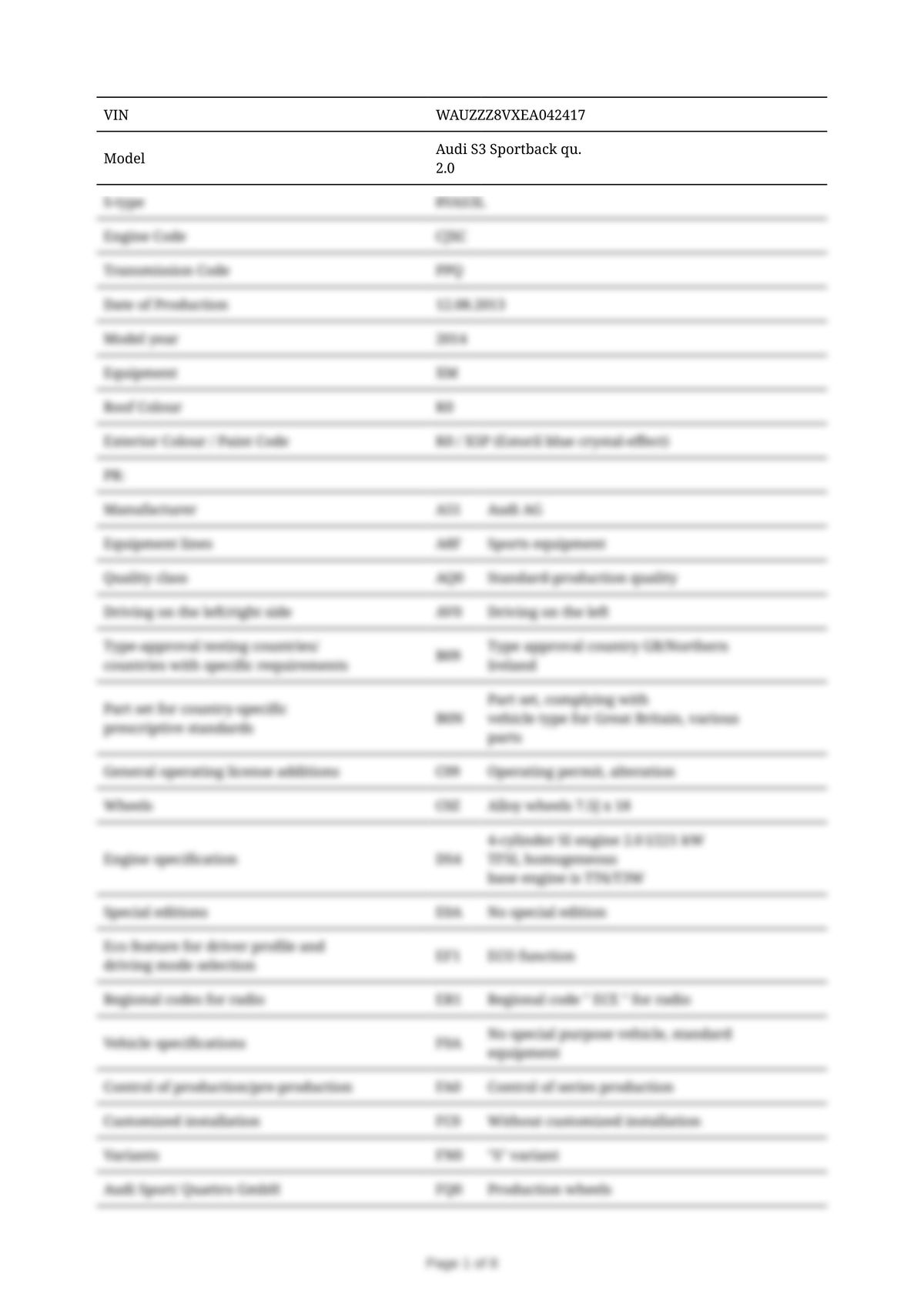 Build Sheet VIN WAUZZZ8VXEA042417