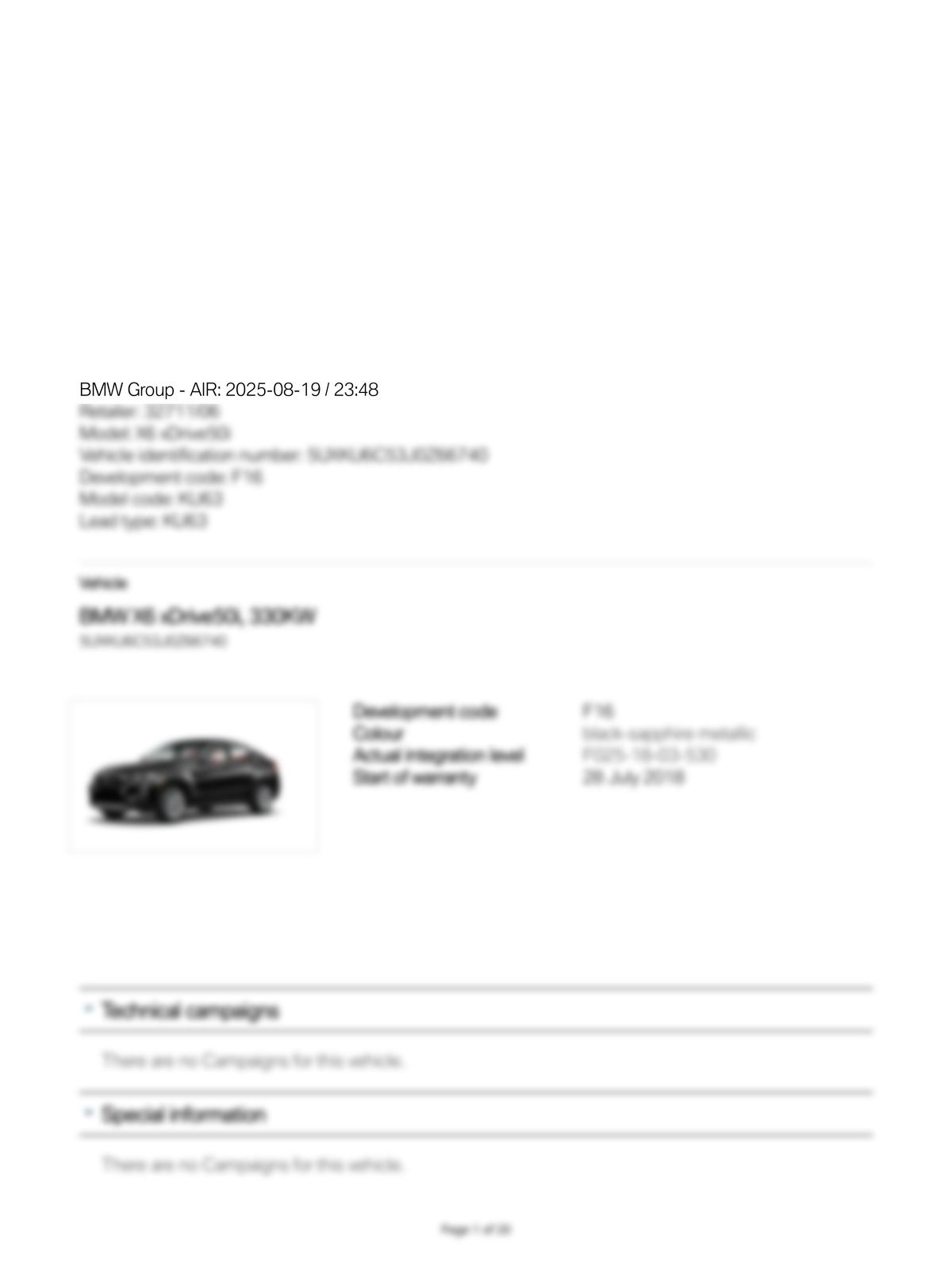 Service History Report VIN 5UXKU6C53J0Z66740