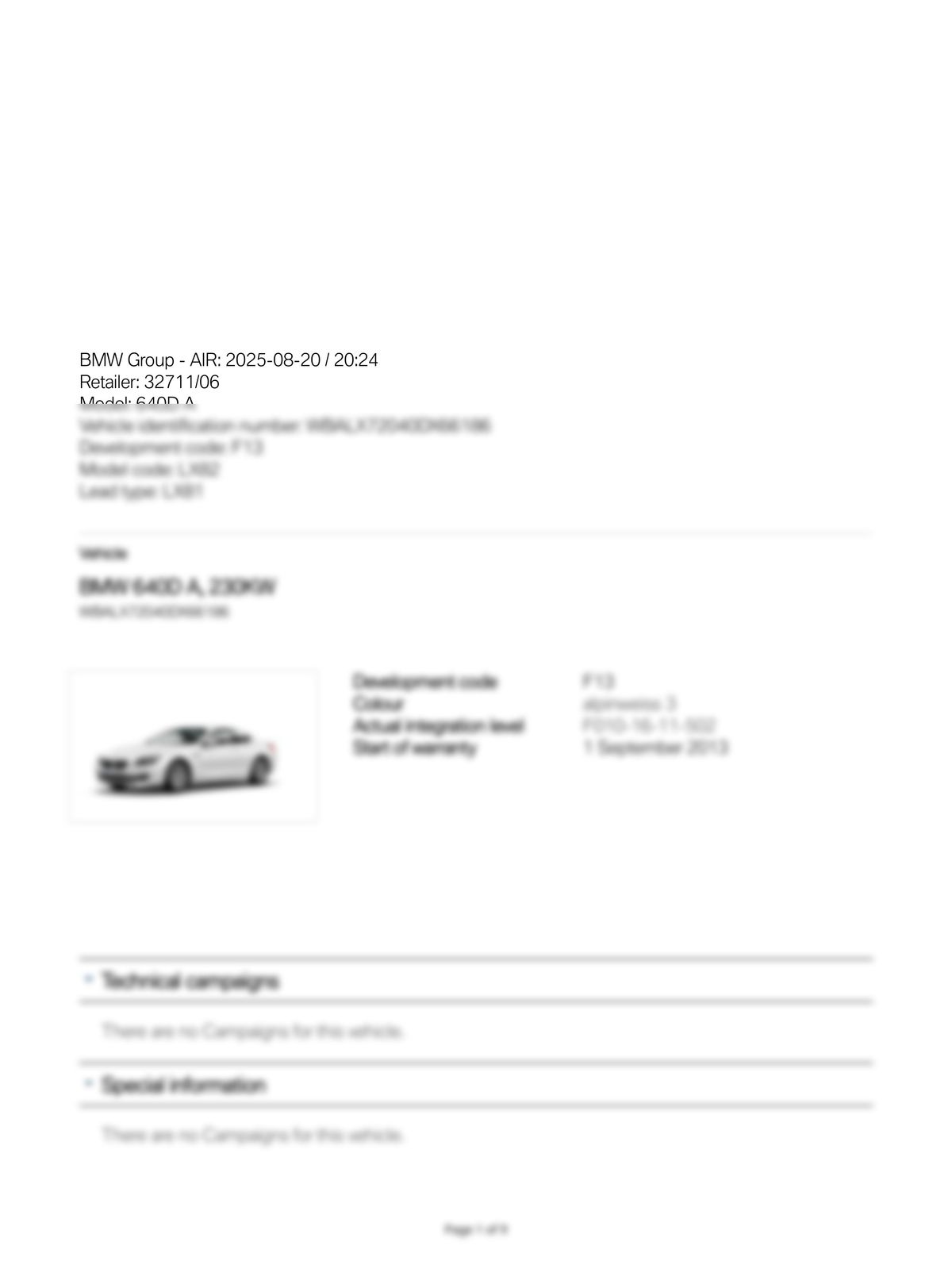 Service History Report VIN WBALX72040DX66186