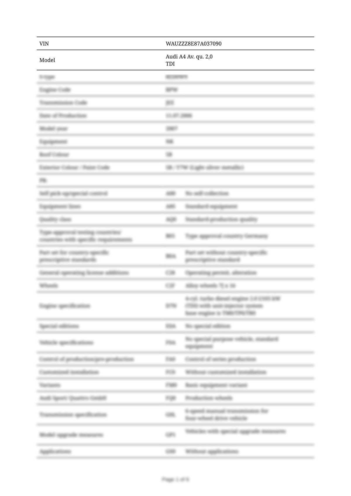 Build Sheet VIN WAUZZZ8E87A037090