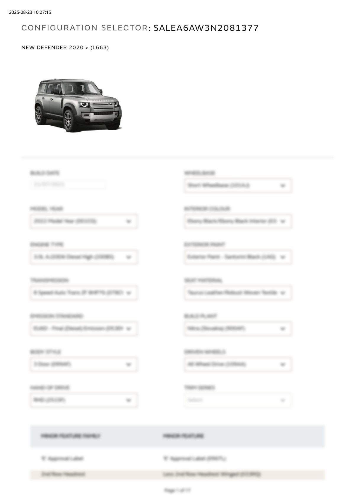 Build Sheet VIN SALEA6AW3N2081377