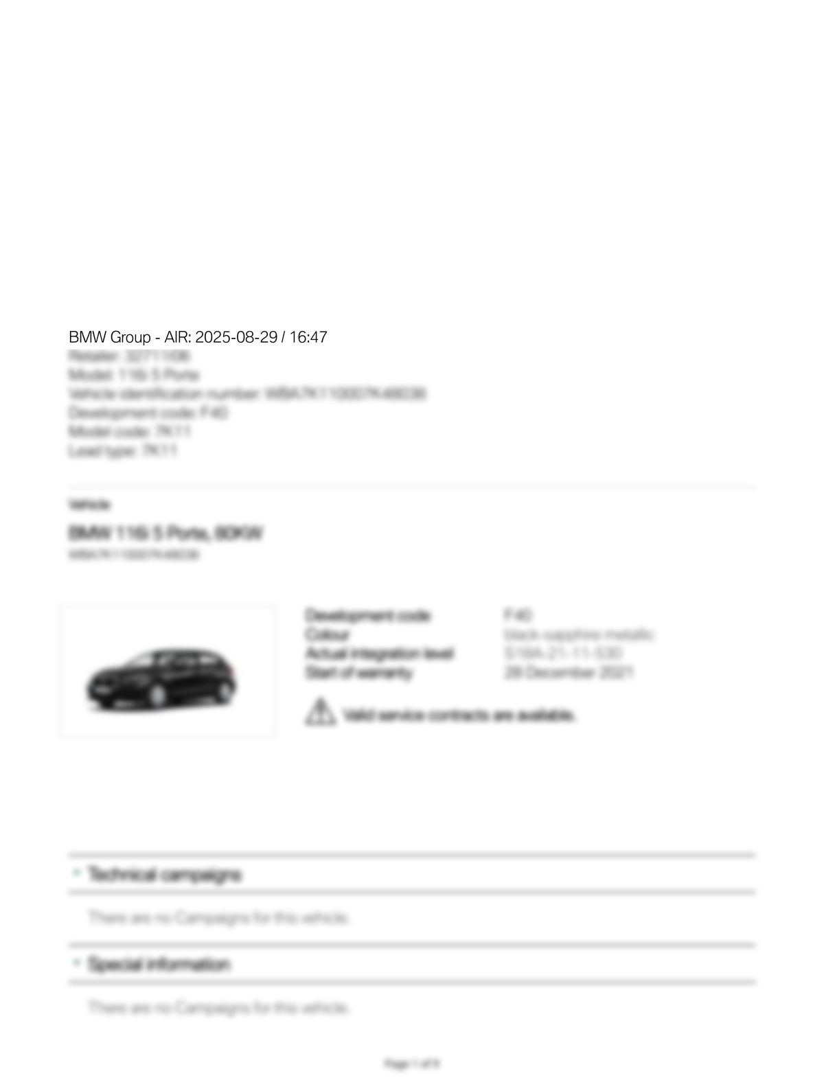 Service History Report VIN WBA7K110007K48038